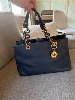 Michael Kors Cynthia Navy Leather Satchel